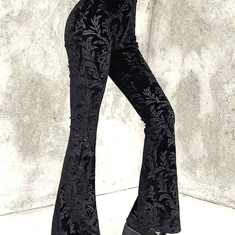 NWT Large Black Velour Damask Brocade Goth Cthulhu Flares - Picture 3 of 12